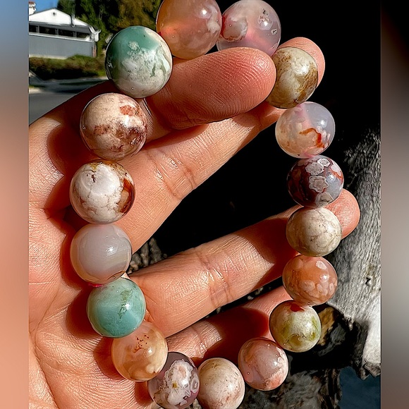 Colorful Flower Agate Bead Bracelet - Sakura Agate - Picture 1 of 9